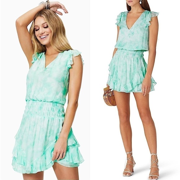 RAMY BROOK Silk Watercolor Smock Waist Tier Ruffle Flutter Sleeve Mini Dress XS - Picture 1 of 9